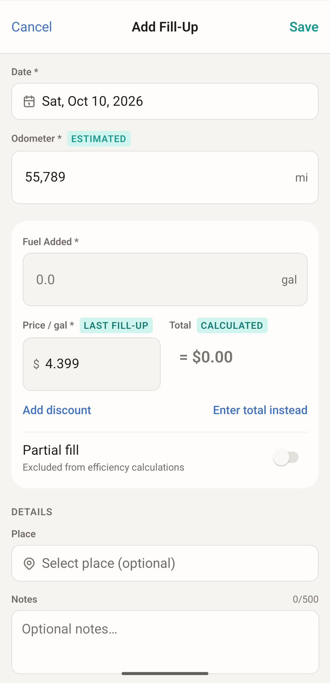 AutoMate Add Fill-Up screen. The odometer field shows an estimated 55,789 miles, the price per gallon is carried over from the last fill-up at $4.399, the total is calculated, and a Partial fill switch sits below.