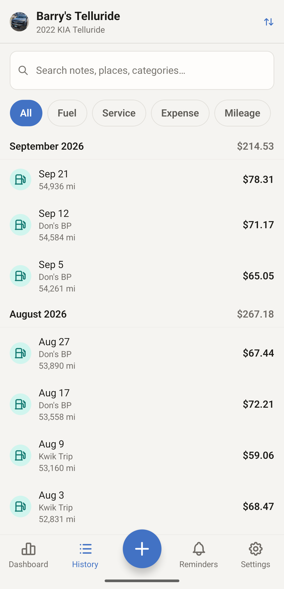AutoMate History screen: a search box for notes, places and categories, filter chips for Fuel, Service, Expense and Mileage, and fill-ups grouped by month with a monthly total of $214.53 for September 2026.