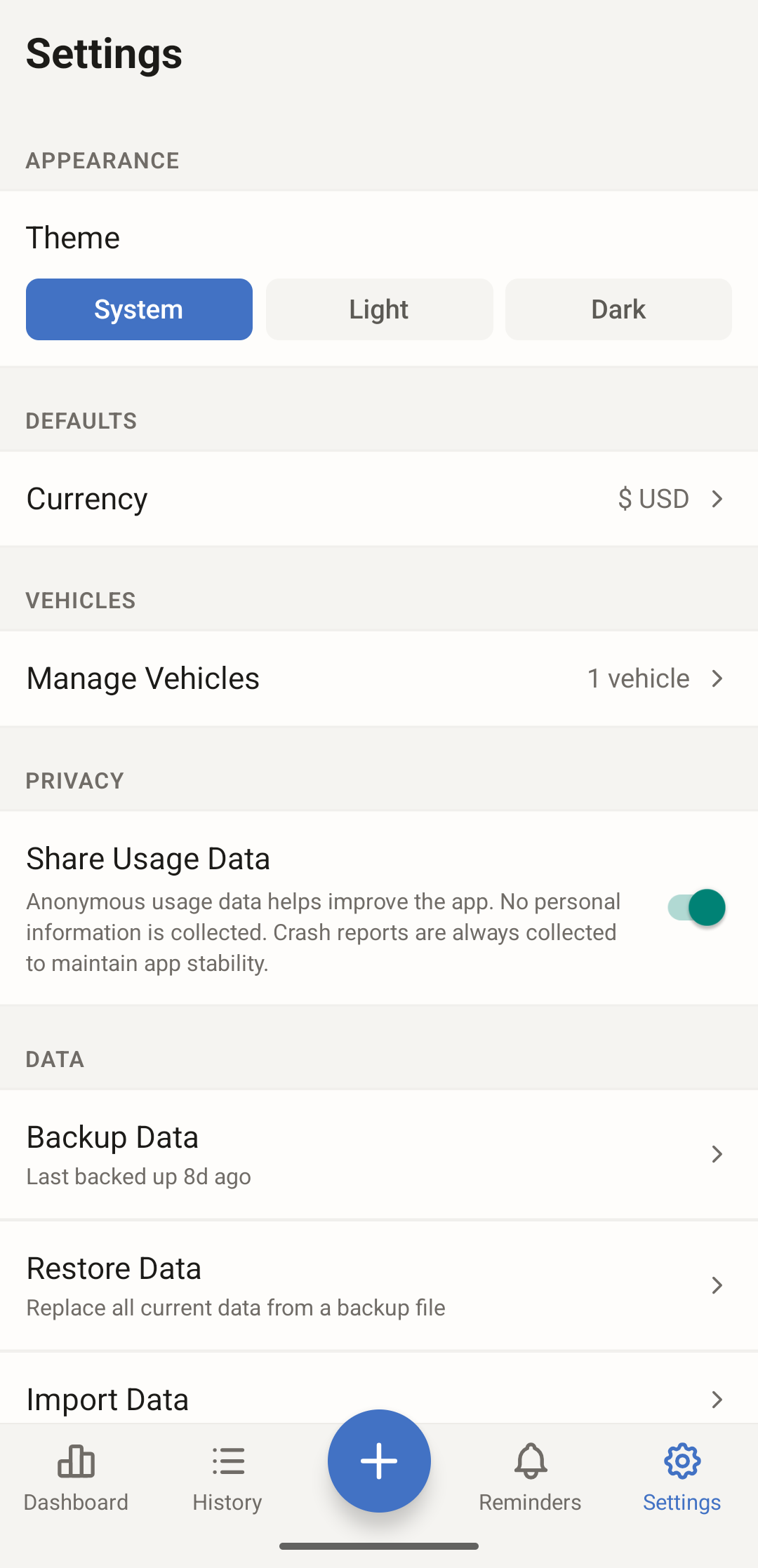 AutoMate Settings screen with the Data section: Backup Data, Restore Data and, at the bottom, Import Data.